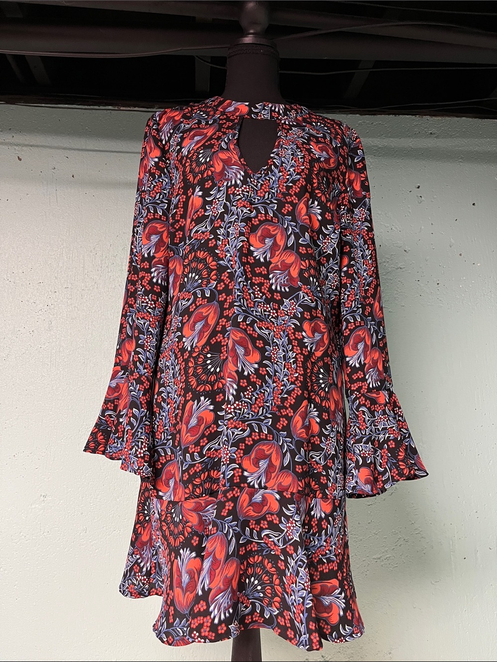 Xhilaration Red Multi Floral Keyhole Long Sleeve Swing Dress